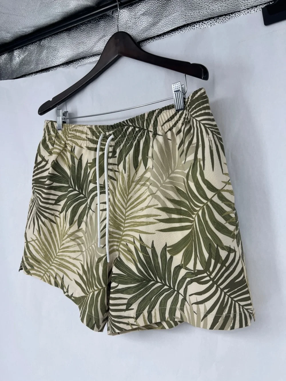 Abercrombie & Fitch Beige and Olive Green Palm Print Swim Trunks